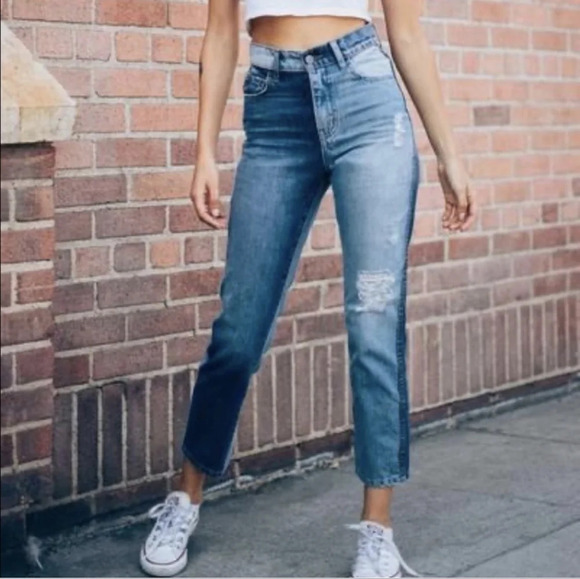 Revice Denim 29 Two Tone Contrast Jeans Hi-Rise Distressed Pocket Straight Leg - Picture 1 of 16